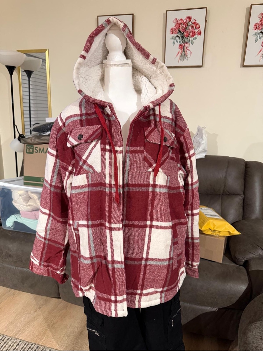 Plaid Sherpa-Lined Hooded Field Jacket in Red & Cream